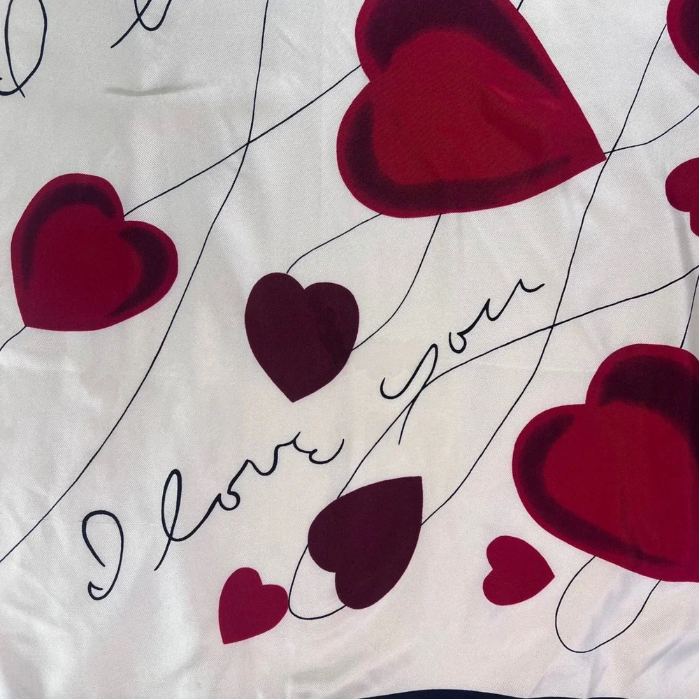 Talbots Silk Scarf NWT I Love You Heart Print Navy Red Cream Square 31x31